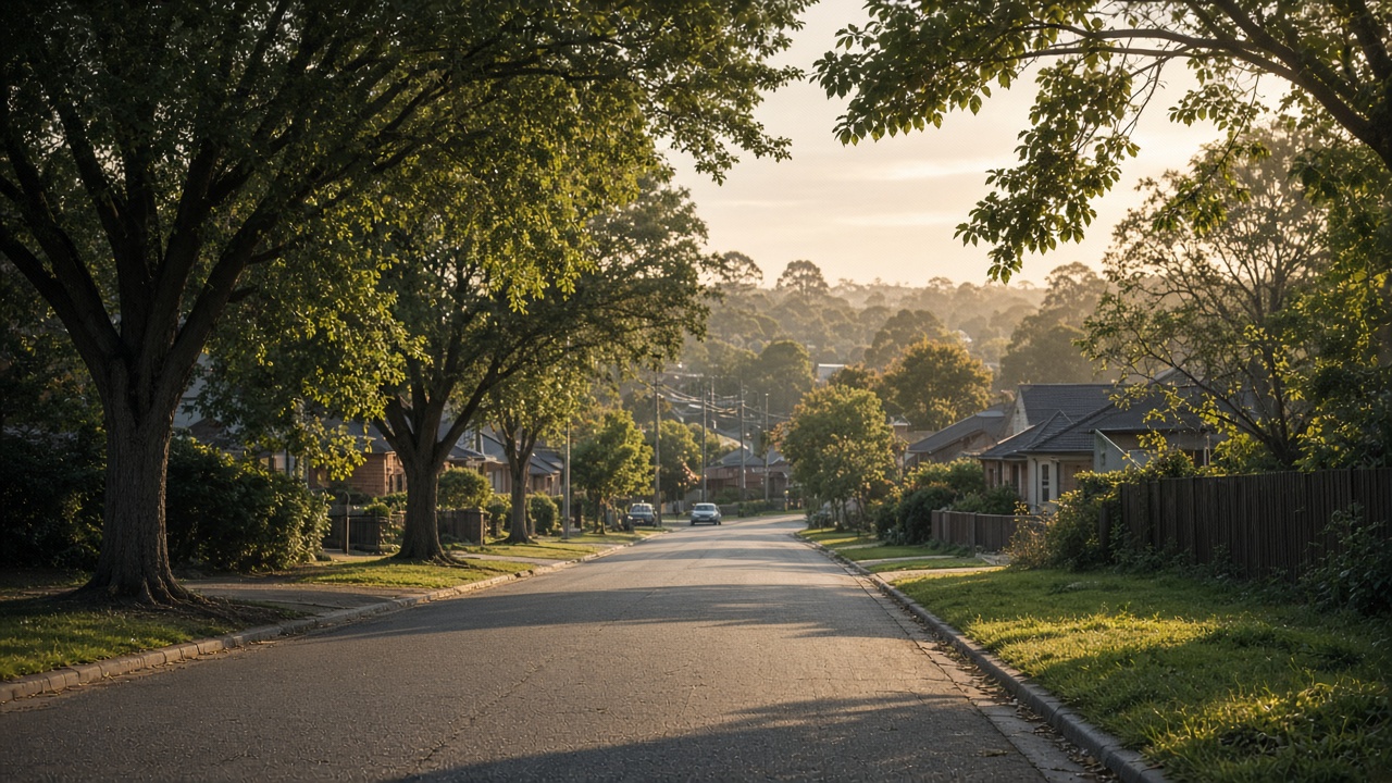 Quiet leafy suburban street in soft afternoon light — atmospheric image of place, not a photo of clients